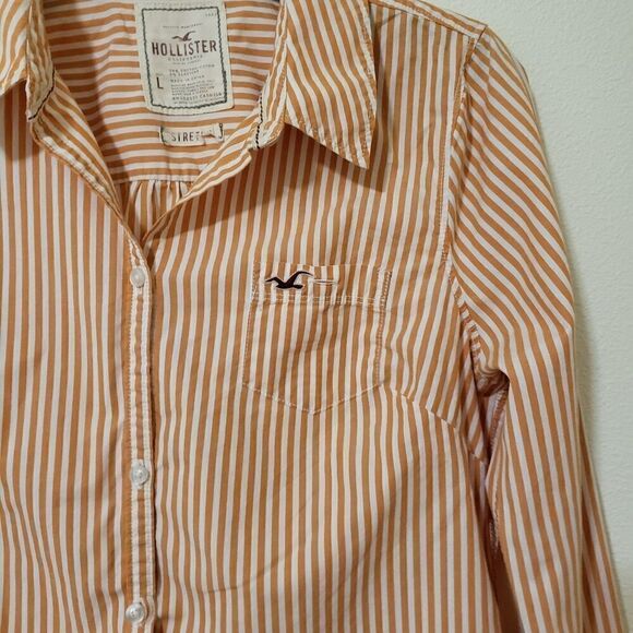 Hollister stretch botton down orange striped casual shirt Women size - Picture 2 of 7